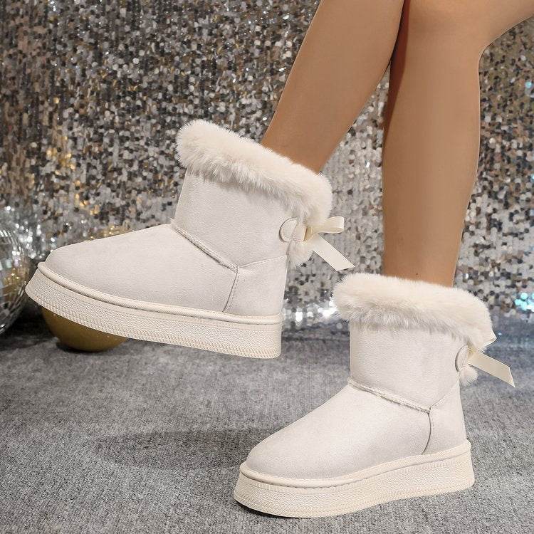 Winter Snow Boots With Bowknot Fashion Round Toe Flat Thickened Suede Cotton Shoes For Women Casual Warm Plush Short Boot - Velora
