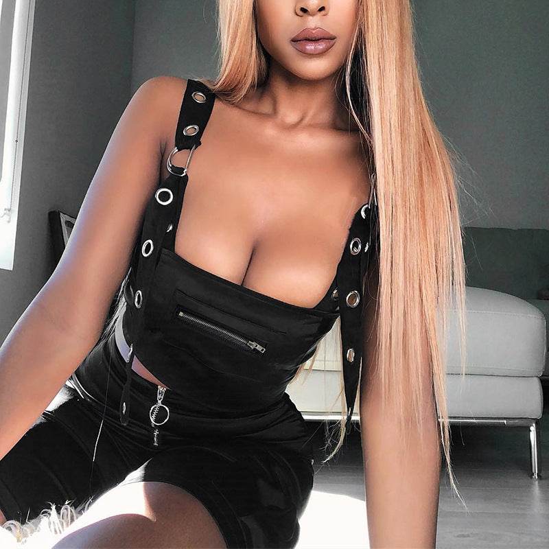 Summer Spring Black Tank Top Women Sleeveless Cropped Tops Hollow Bustier Top Streetwear - Velora