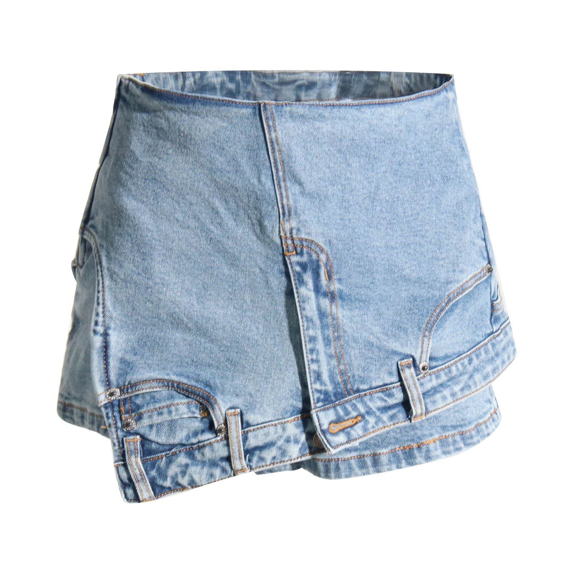 Short Irregular Solid Color Women's Denim High Street Mini Skirt Skort - Velora