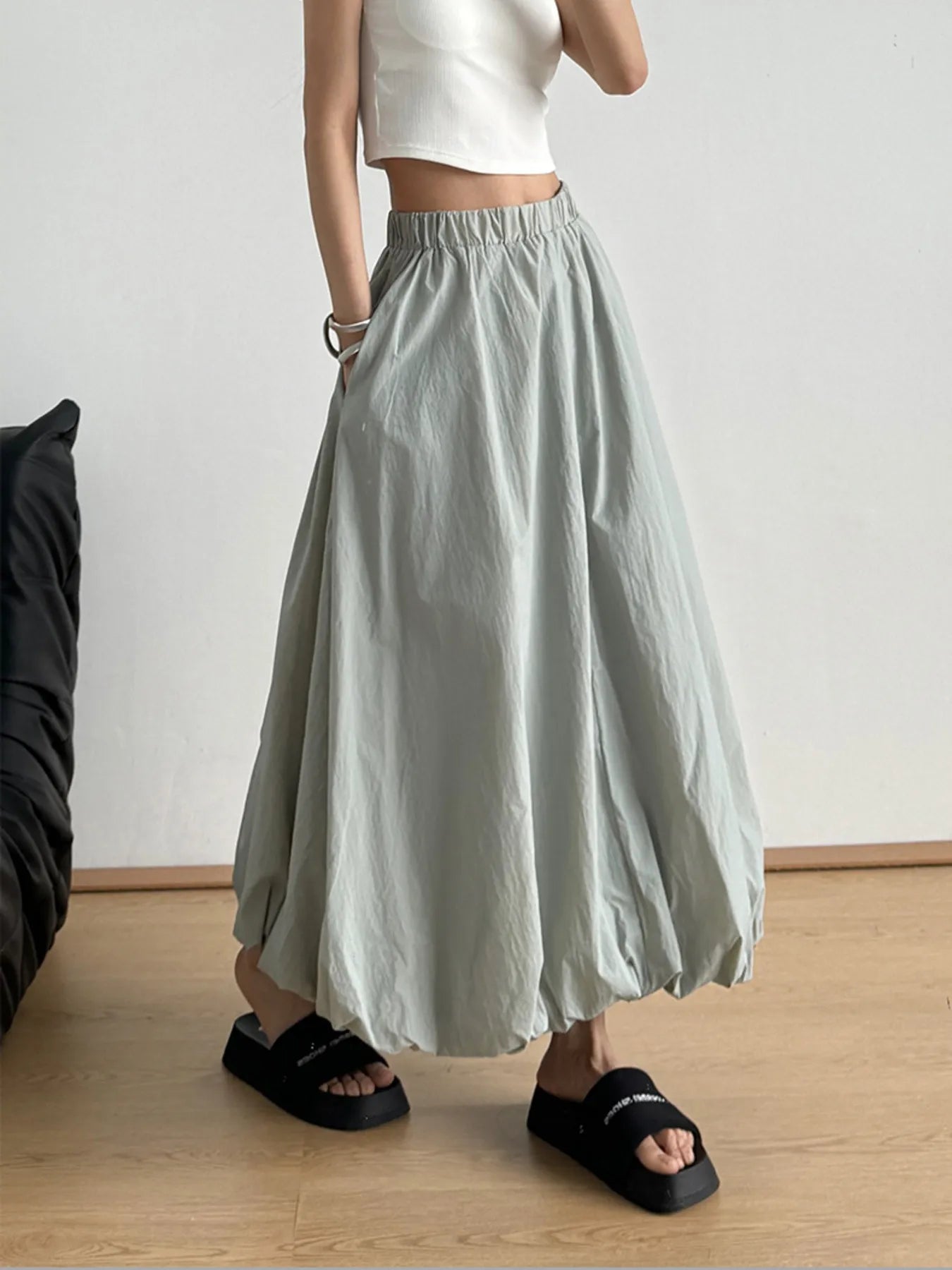 Elastic Waist Bubble Hem Maxi Skirt - Velora