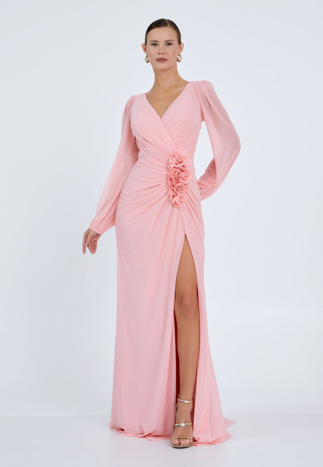 Peach Long Sleeve Floral Slit Maxi Dress – Elegant Evening Gown