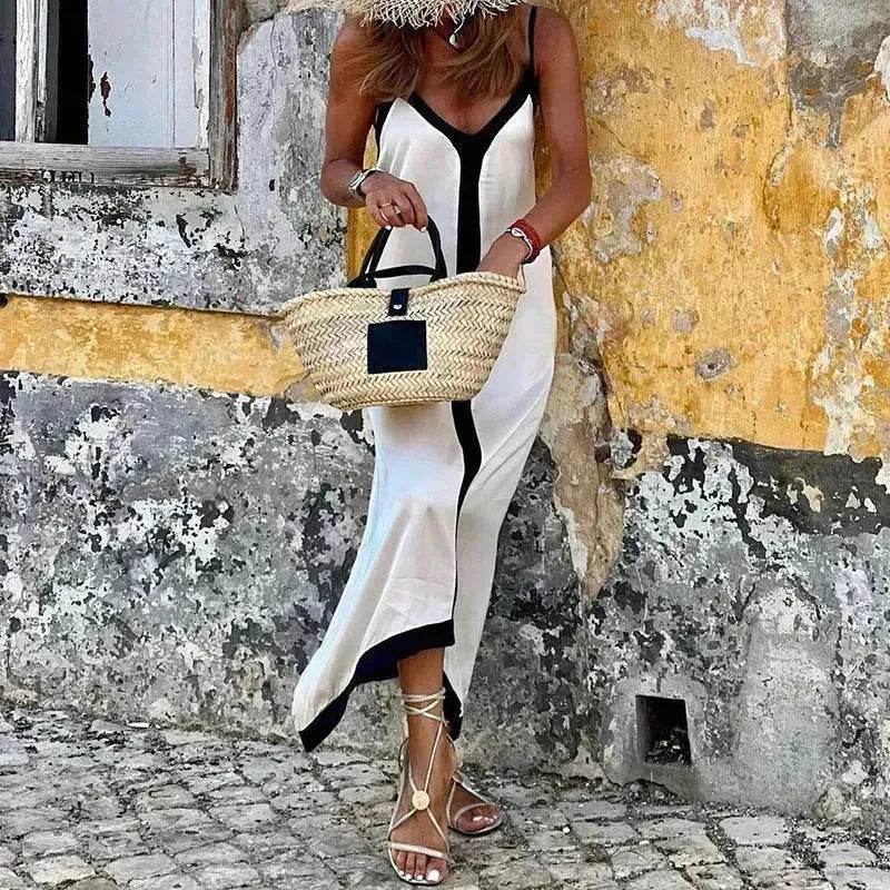 Women's Fashionable Casual Solid Color Spaghetti Straps Sleeveless V-neck Midi Dress - Velora