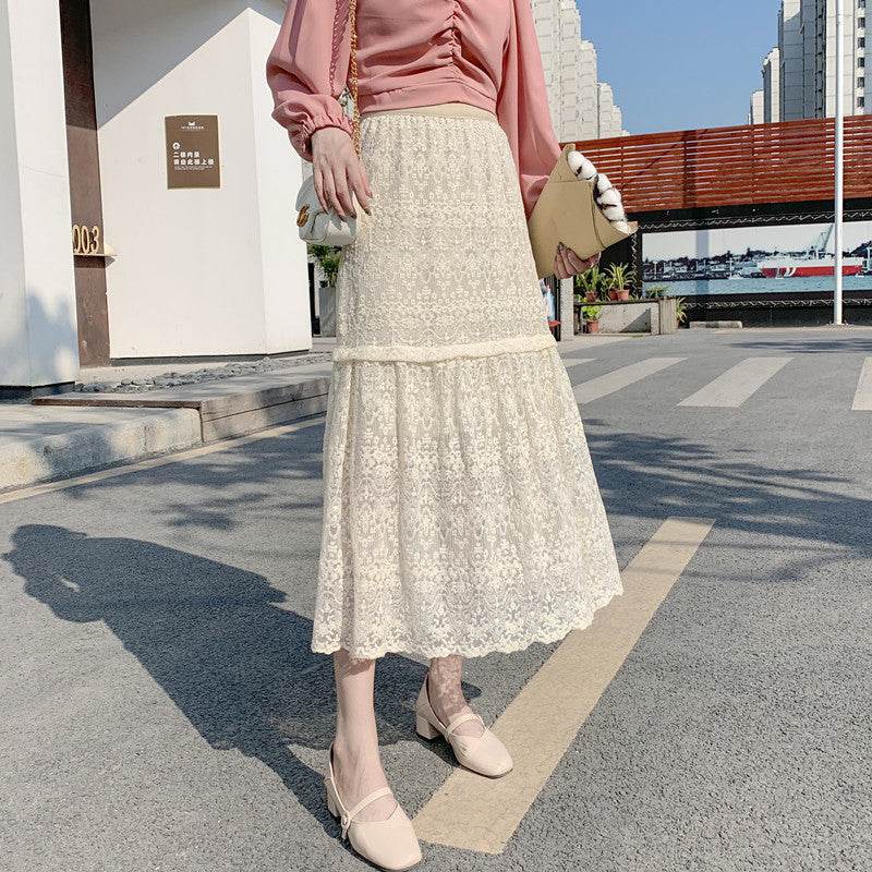 Spring Summer Women High waist Lace Midi Skirt - Velora