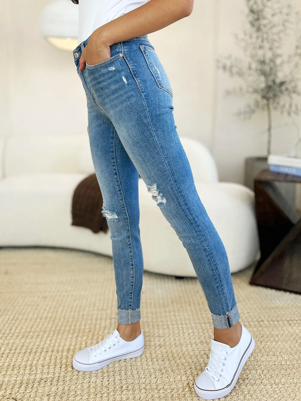 Judy Blue Full Size Mid Rise Destroy & Cuff Skinny Jeans - Velora