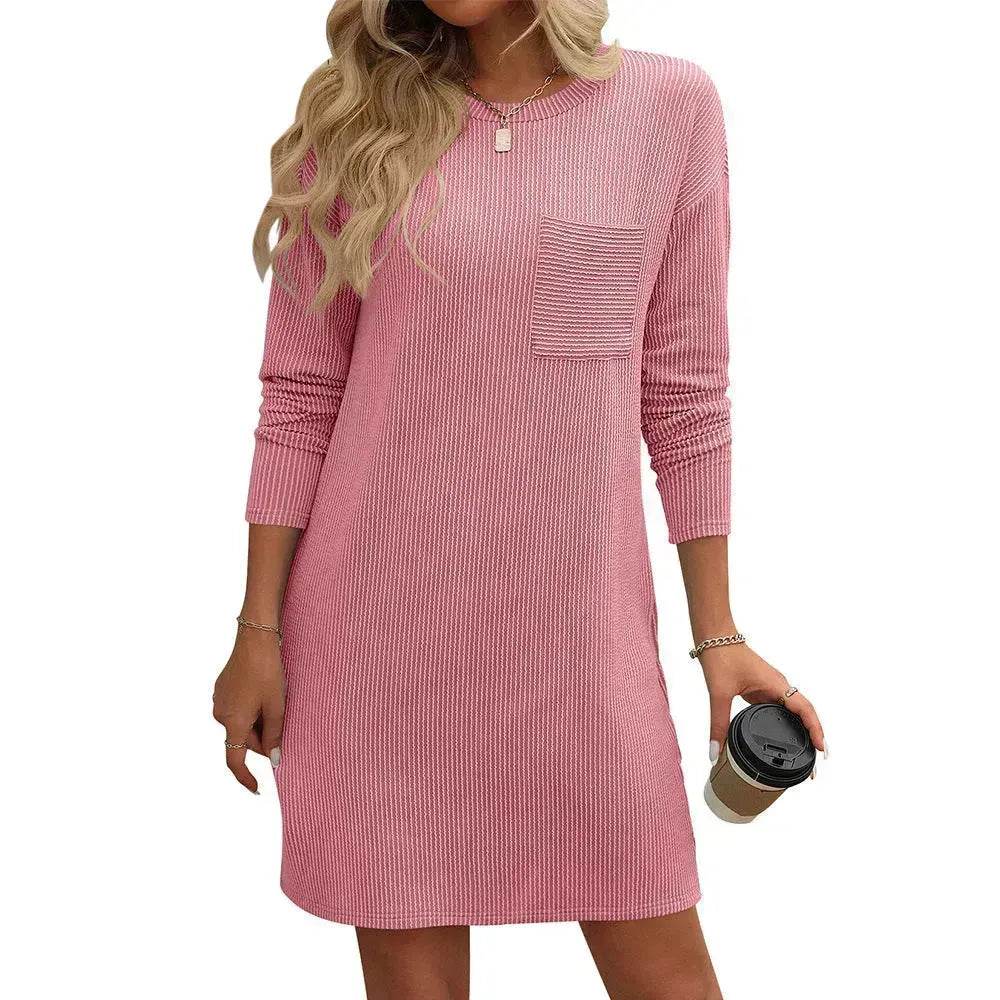 Casual New Solid Color Striped With Pockets Long Sleeve Loose Mini Dress Fashion Round Neck Straight Dress Women's Clothing - Velora