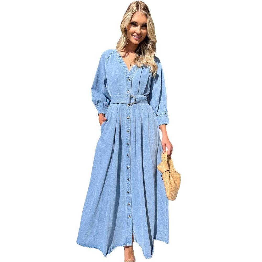 V-neck Lace-up Waist Trimming Casual Button Denim Dress - Velora