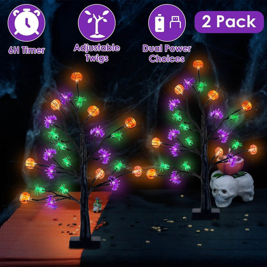 2Pack 1.97FT Lighted Halloween Trees Halloween Indoor Decorations Black Halloween Tree Lights With Timer Adjustable Twigs For Tabletop Party - Velora