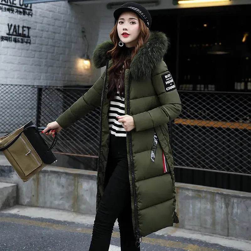 Long Zip up Faux fur Collar Hooded Winter Puffer coat women - Velora