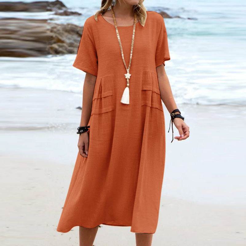 Women's Summer Loose Casual Midi Dress Breathable Cotton Linen Short-sleeve Mid-length Dresses Women Simple Beach Dress - Velora