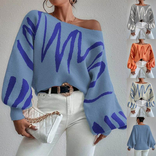 New Lantern-sleeved Pullover Sweater Fashion Line Printed Loose Tops Women's Clothing - Velora