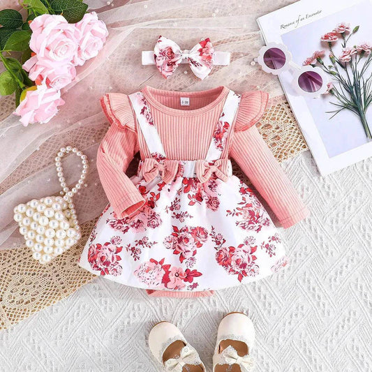 Latest Popular Sweet Long Sleeve pink Romper White Floral Suspender Skirt two piece for baby girls - Velora