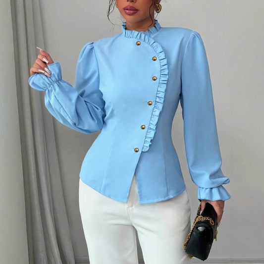 Women's Elegant French Asymmetrical Button-down Collar Ruffle Long Sleeve Blouse - Velora