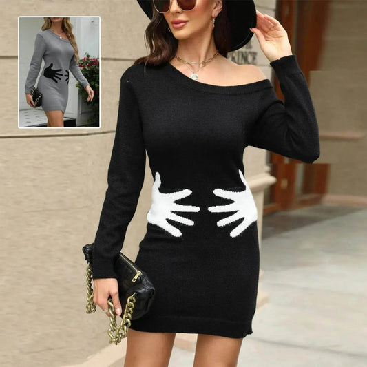 Ins Palm Print Design Winter Knit Dress Fashion Slant Shoulder Long Sleeve Bodycon Dress Women's Clothing - Velora
