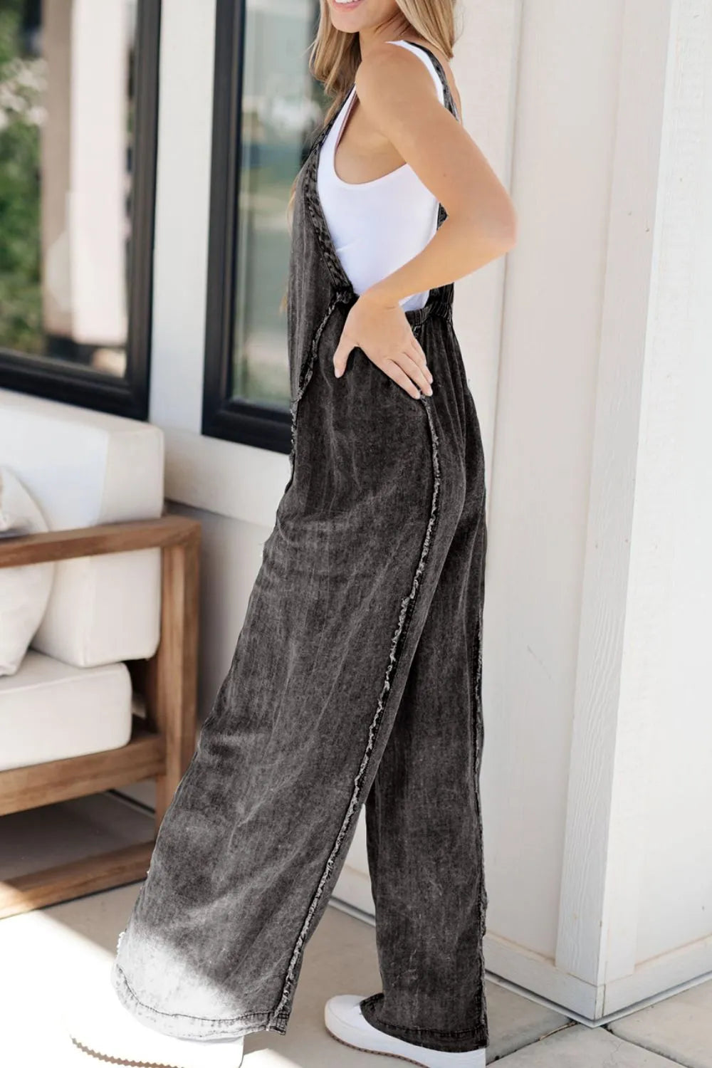 Frayed Exposed Seam Wide Leg Denim Overalls - Velora