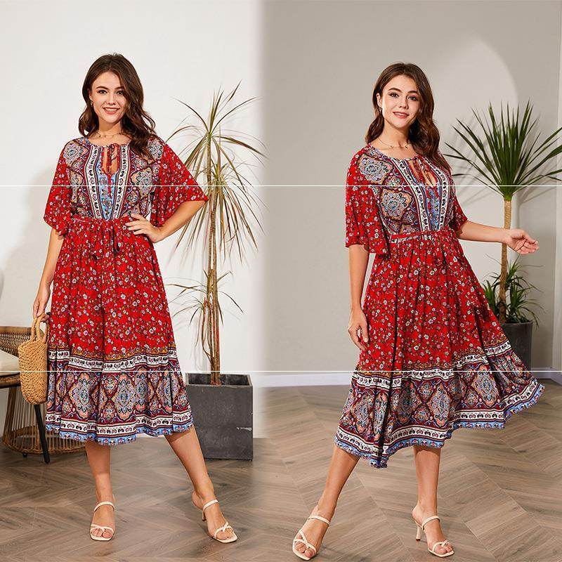 Modest Plus Size Summer dress V Neck Midi Beach boho Dress - Velora