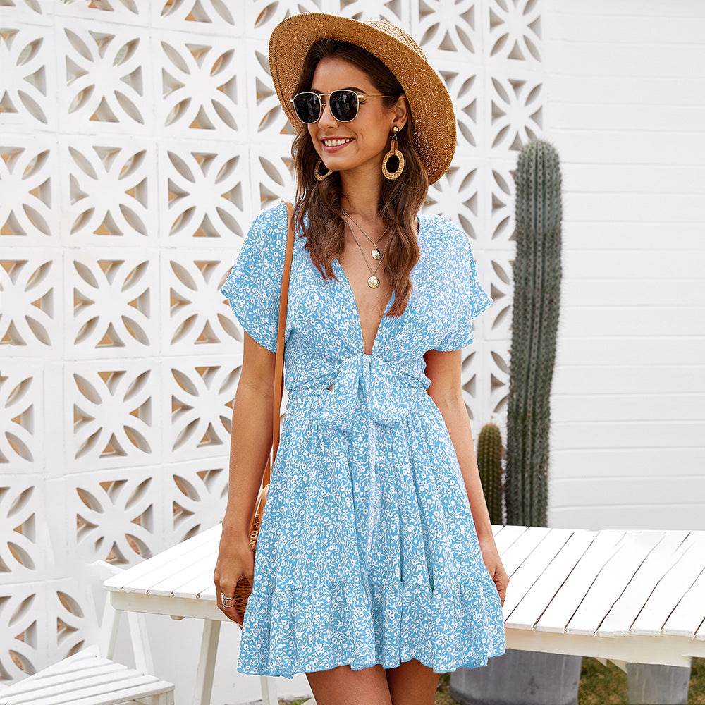 Casual Deep V-neck Short Sleeve Tie belt Floral Summer Mini Dress - Velora