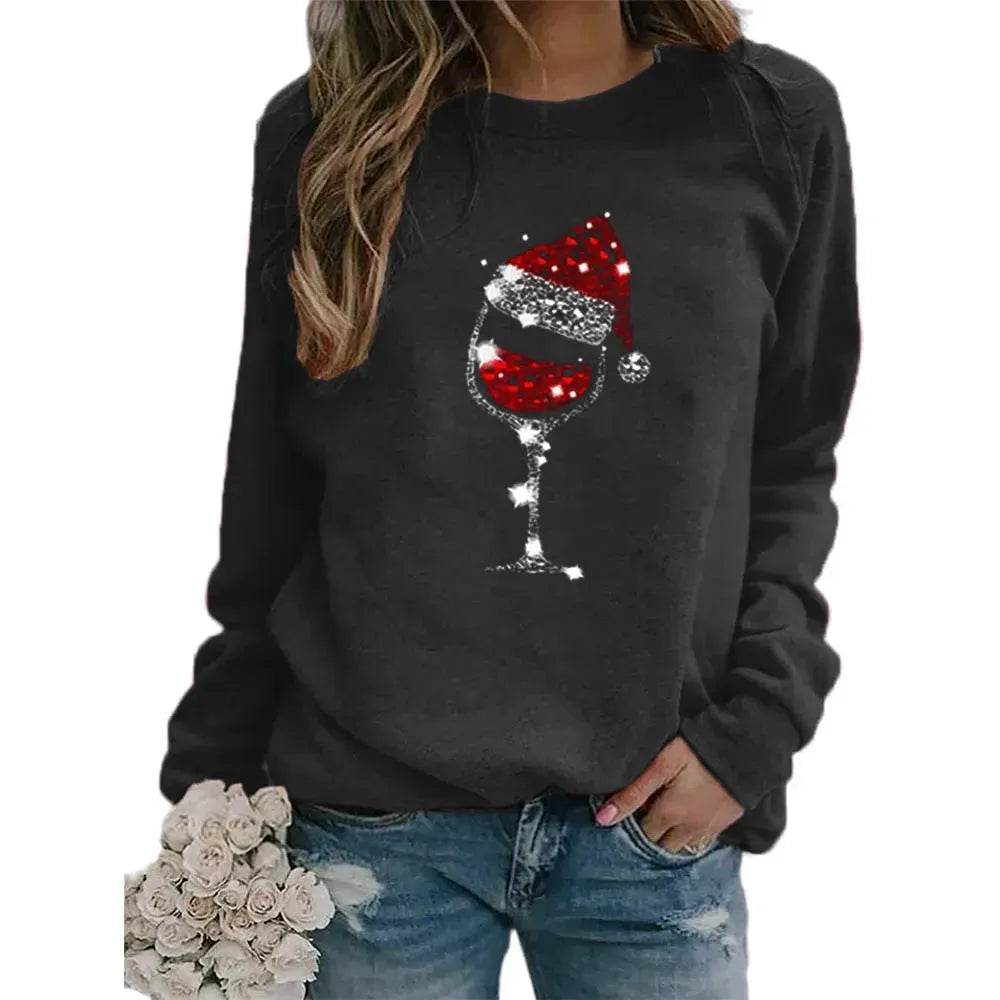 Clothing Christmas Women's Sweater Christmas Hat Red Wine Glass Graphic Print Crew Neck Long-sleeved Sweater - Velora