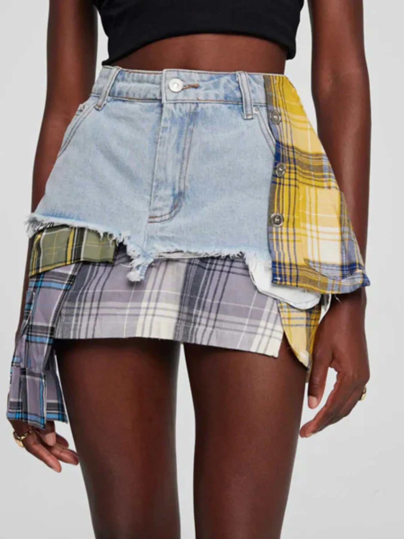 Raw Hem Denim Mini Skirt with Plaid Patch Details - Velora
