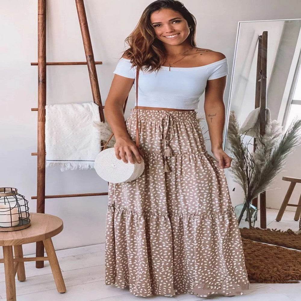 Casual Spring Summer Elastic Waist Pleated Mid Waist printed Maxi Skirt - Velora