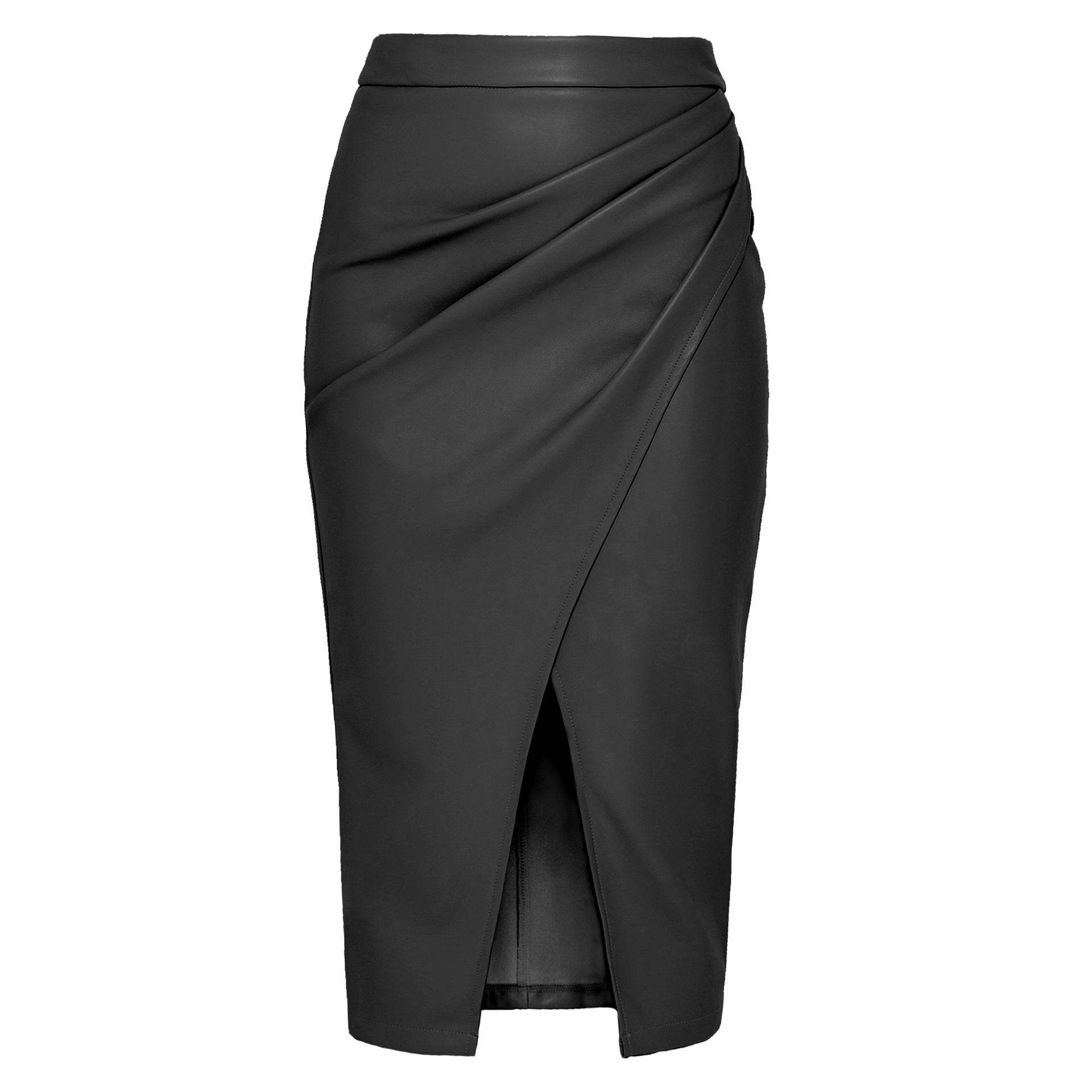 Women Formal Work Office Business High Waist Front Slit Midi Leather Skirt - Velora