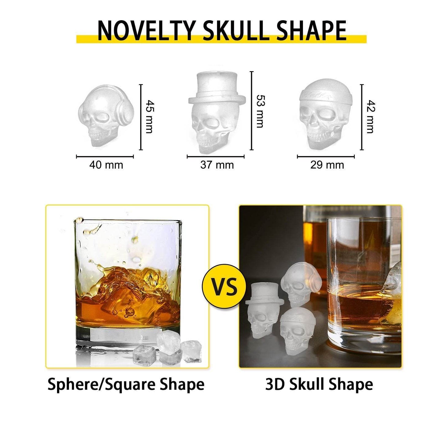 Skull Ice Cube Tray, 6-Grid Skull Ice Ball Maker, Flexible Black Silicone Ice Tray With Lid & Funnel, Skull Ice Cubes In 3 Distinct Patterns For Beverages & Chocolates On Parties & Holidays - Velora