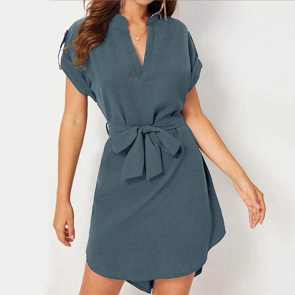V-neck Short Sleeve Dress With Belt Summer Fashion Bowknot Dresses For Women Clothing - Velora