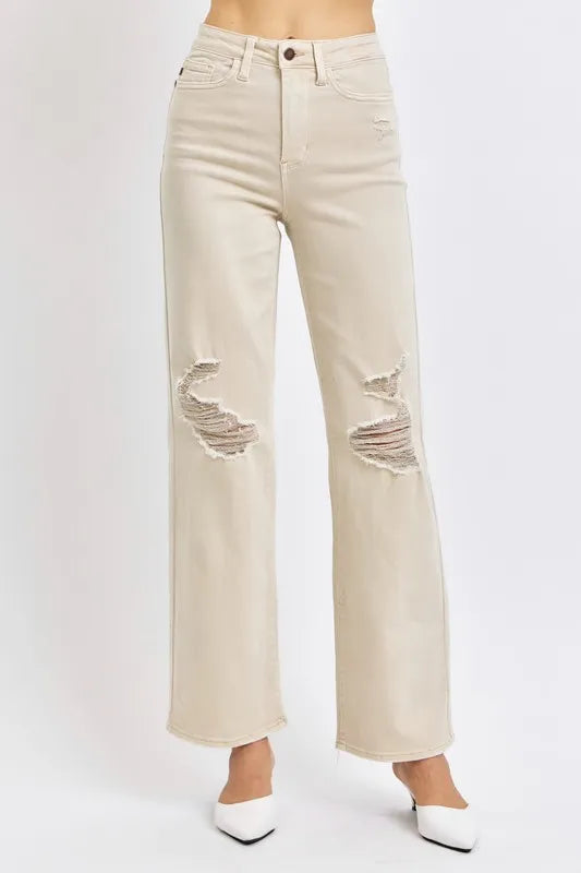 Judy Blue Full Size High Waist Distressed Wide Leg Jeans - Velora