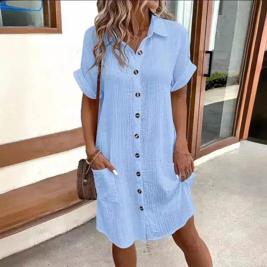 Womens Button Down Shirt Dress Summer Cotton Linen Dress V-Neck Mini Dress Casual Short Sleeve Loose Tunic Dresses - Velora