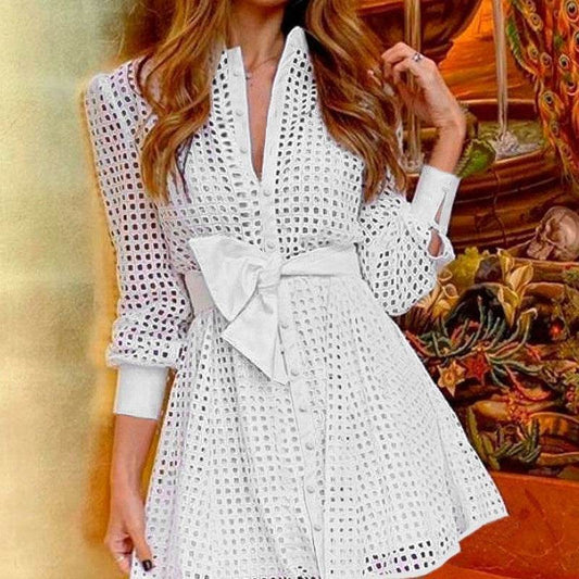 White Mesh Long Sleeve Fitted Waist Shirt Dress - Velora