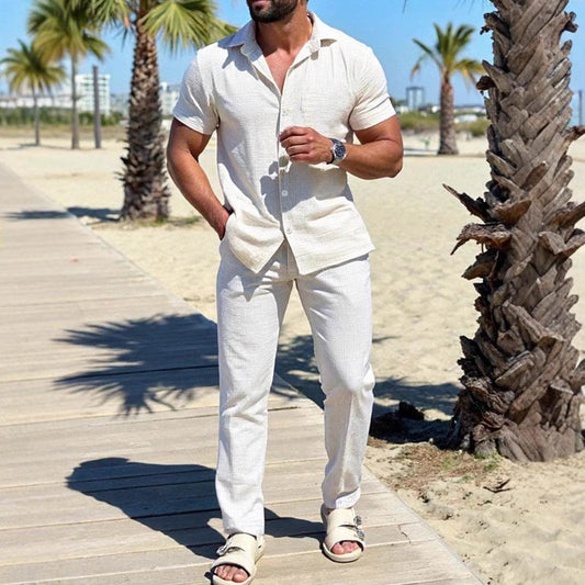 Polo Collar Solid Color Short Sleeve Button Trousers Men's Casual Shirt Outfit - Velora