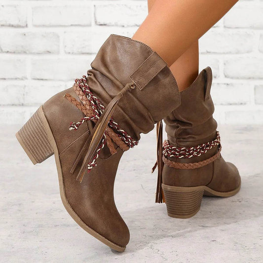 Retro Tassel Boots Winter Thick Square Heel Mid-calf Knight Western Boots Woman Fashion Shoes - Velora