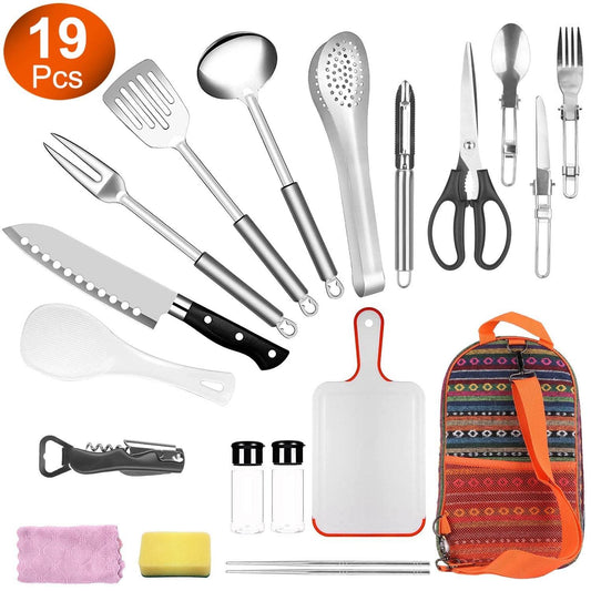 19Pcs Camping Cooking Utensil Kit Portable Picnic Cookware Outdoor Kitchen Equipment Gear Campfire Barbecue Appliances With Storage Bag - Velora