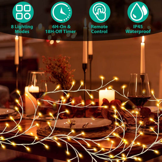 1Pc 7.87FT Lighted Birch Garland Lighted Twig Vine Lights 144LED Birch Garland With Lights String Light With Timer 8 Modes IP45 Waterproof For Christmas Fireplace Home Decoration - Velora