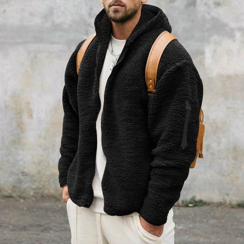 Plush Hooded Jacket Men's Autumn And Winter Fleece Double-sided Wear Warm Coat With Zipper Loose Casual Jacket Outdoor Clothing - Velora