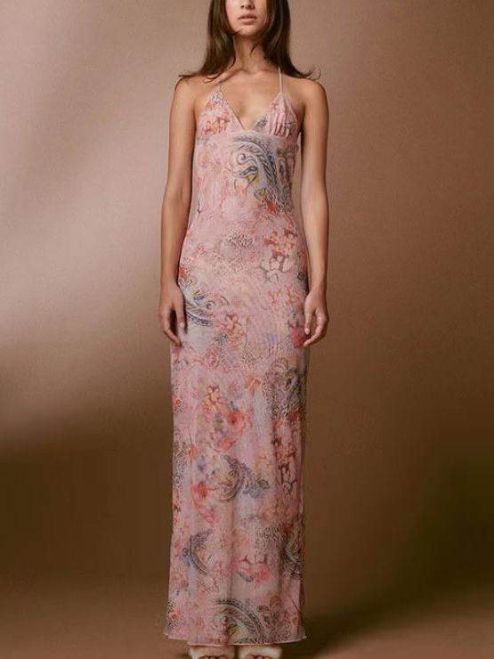 Halter neck Spaghetti Backless Butterfly Design Spring Summer long dress - Velora