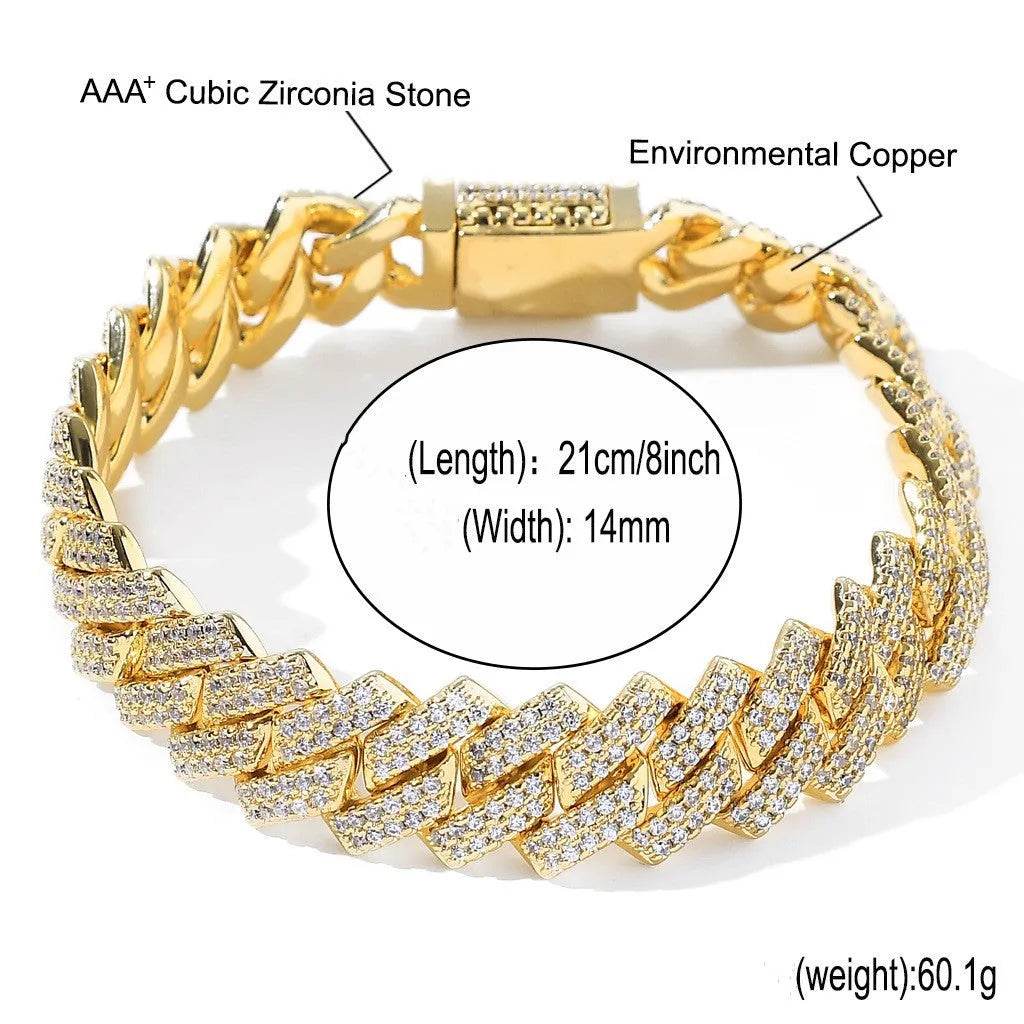 Cubic Copper Inlaid Zircon stone 14mm Diamond Cuban Link Chain necklace - Velora