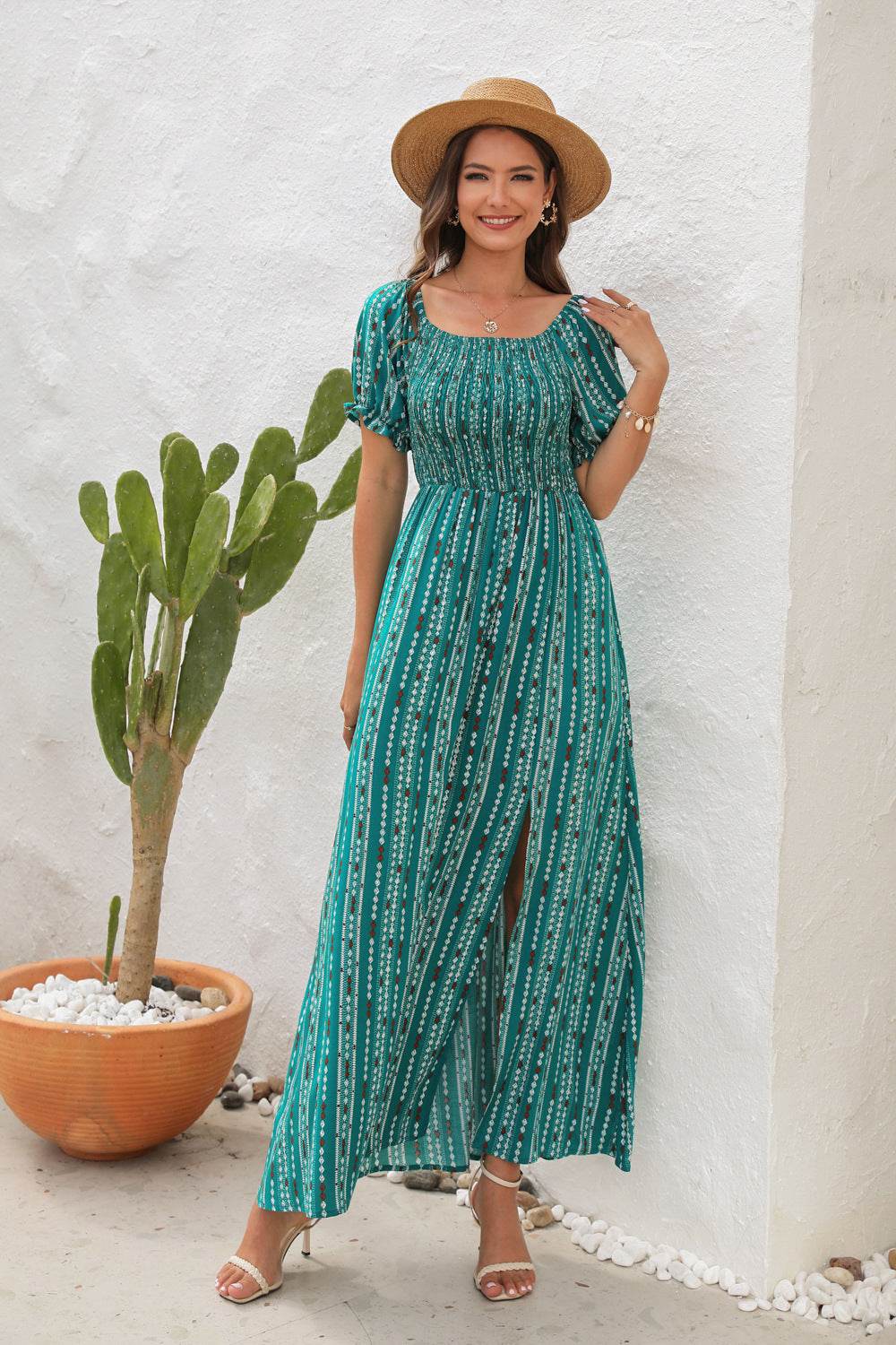 Elegant Off shoulder Spring Summer Maxi dress Slit Chiffon maxi dress for Beach vacation resort travel - Velora
