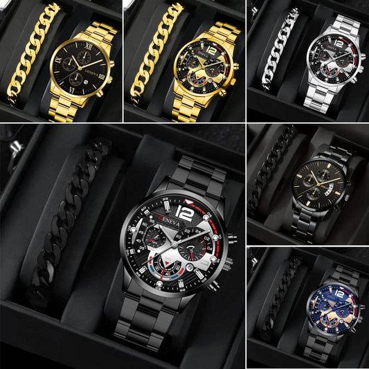 2pcs Men's New Popular Steel Strip Fashion Business Three Eye Quartz Watch Bracelet Set Valentine's Day Gifts - Velora