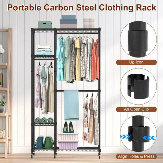 1Pc 4 Tier Heavy Duty Garment Rack With Wheels Carbon Steel Clothing Rack Portable Wardrobe Clothes Rack With 3 Hanging Rods 6 Footrests 44.9x17.13x77.95in - Velora