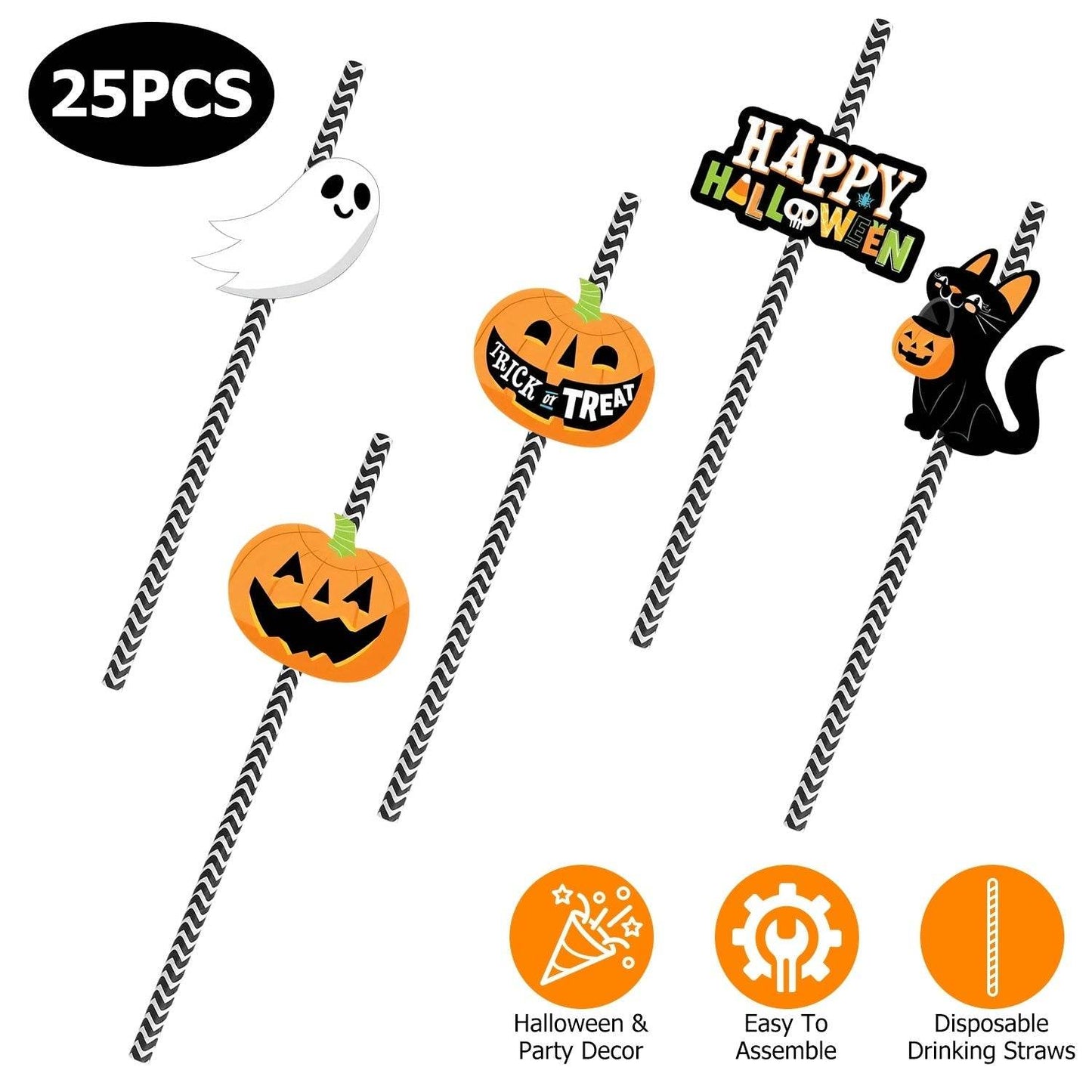 Set Of 25Pcs Halloween Party Striped Decorative Straws Disposable Drinking Straws Paper Straw Decor Happy Halloween Ghost Lantern Black Cat Halloween Party Supplies - Velora