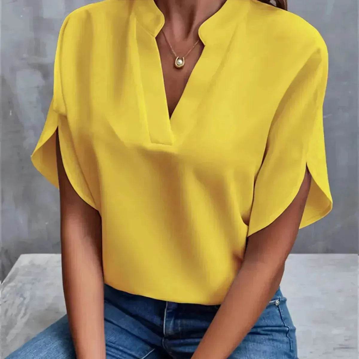 Summer Short-sleeved Chiffon Shirt New V-neck blouse Women's Casual Versatile Clothing Evening Tops for Women - Velora