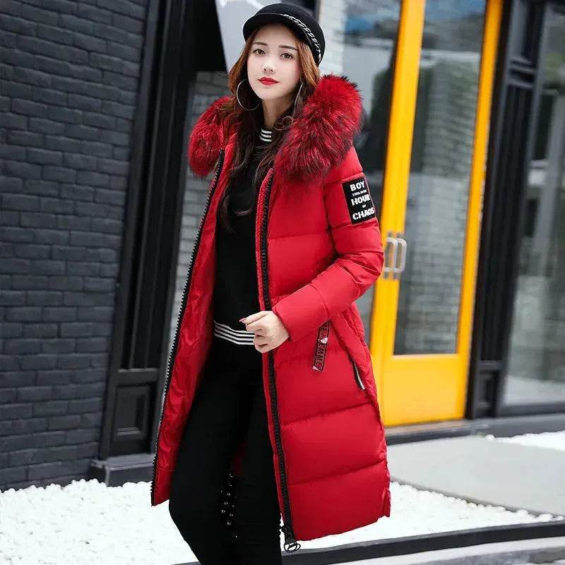 Long Zip up Faux fur Collar Hooded Winter Puffer coat women - Velora