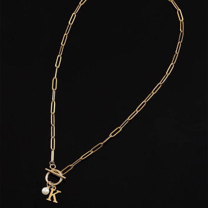 European And American 26 English Letter Necklace Stainless Steel Clip Chain Imitation Pearl Pendant For Women And Men - Velora
