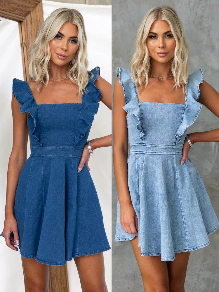 Women's Fashion Casual Denim Mini flared Dress - Velora
