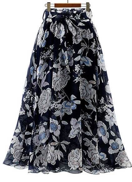 Women Formal Work Office High Waist Floral Midi Big Swing Chiffon Skirt - Velora