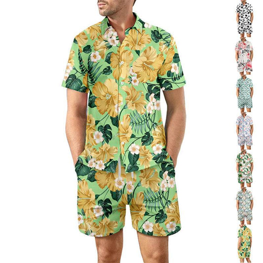2Pcs Printed Beach Shirt Summer Suit Loose Lapel Button Top And Drawstring Pockets Shorts Casual Short Sleeve Suits For Men Clothing - Velora