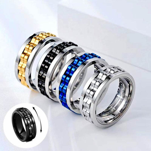 Titanium Spinner Square Texture Ring For Men High Polished Stainless Steel Gear Rotating Anxiety Fidget Rings Charm Jewelry - Velora