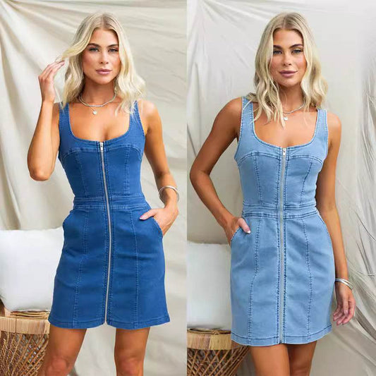 Spring And Summer Casual Slim Fit Denim Sleeveless Dress - Velora