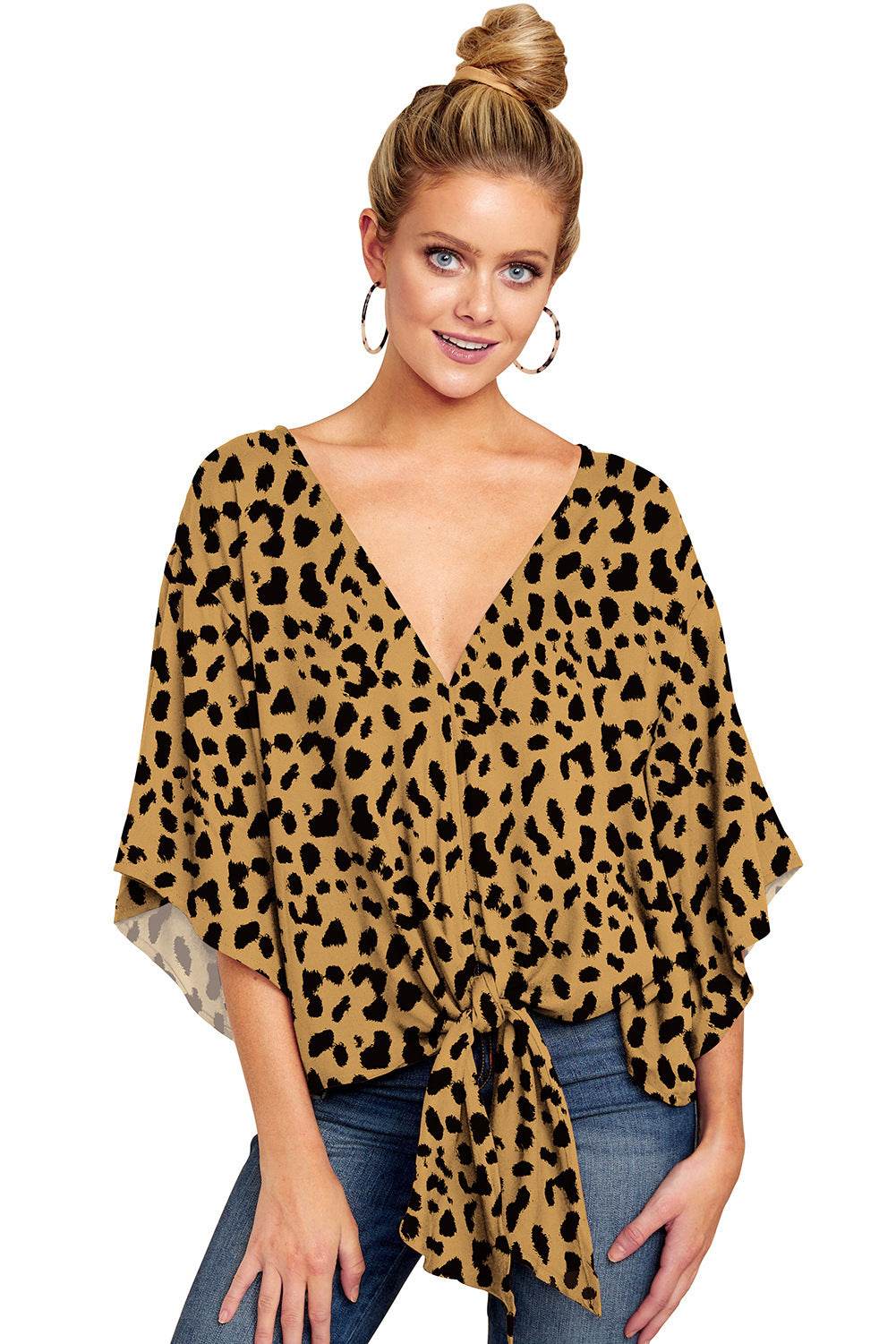 New V Neck Blouse Women Leopard Print Floral Tie Front Blouses Batwing Summer Oversize Ladies Tops - Velora