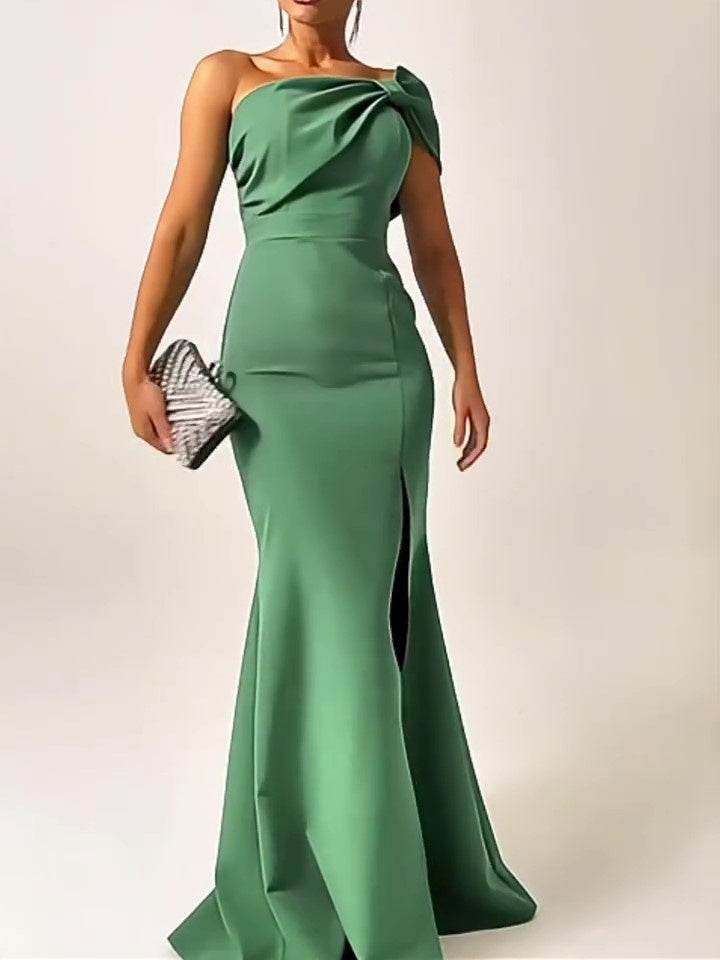 Bow tie One shoulder Green Evening Dress Slit Formal dress - Velora